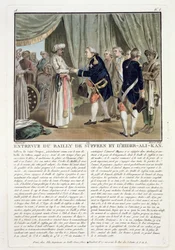 Meeting of Pierre Andre de Suffren de Saint Tropez and Haider Ali, 1782, engraved by Jean Baptiste Morret, 1789
